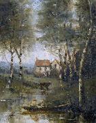 Jean-Baptiste-Camille Corot La riviere en bateau et la maison oil painting artist